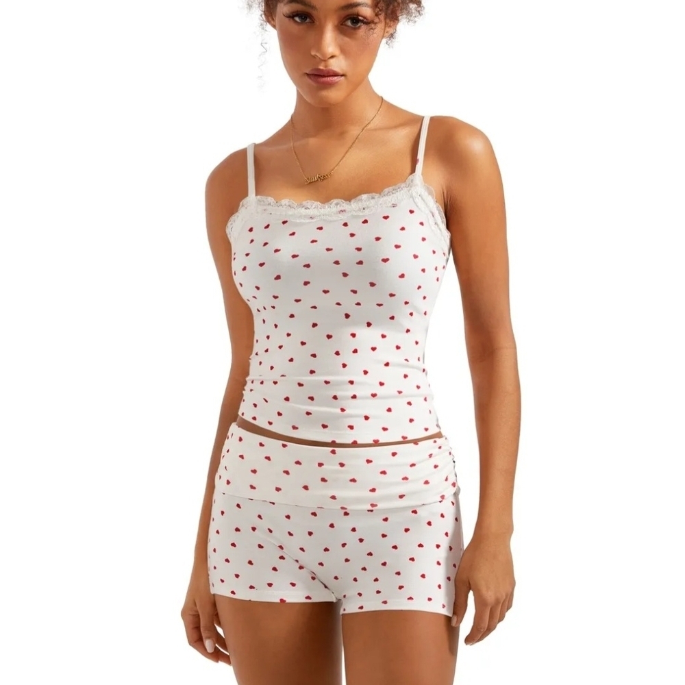 Women's White and Red Heart Print Sleepwear Set NWOT Size Small
